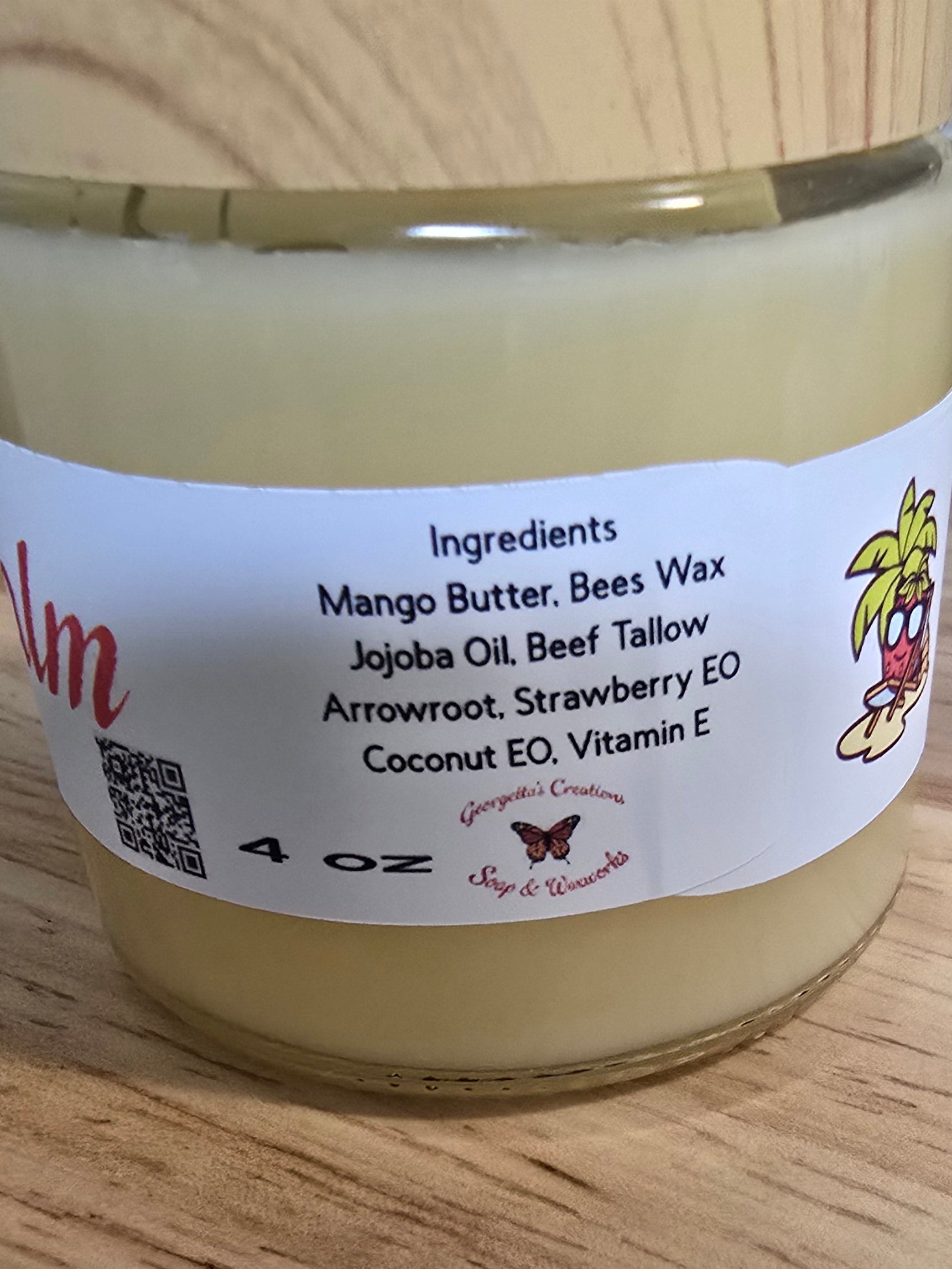 Strawberry Coconut Balm 4oz jar showing ingredients label